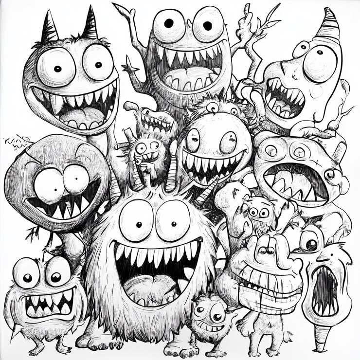 Foto ilustração em preto e branco de um grupo de monstros engraçados com diferentes emoções