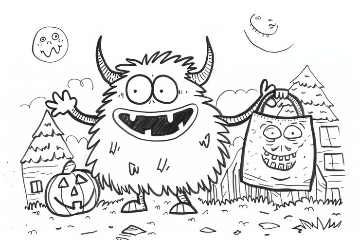 Foto ilustração em preto e branco de um monstro de desenho animado agitando e segurando um saco de truque ou doce na frente de uma casa assombrada perfeita para atividades de coloração de halloween