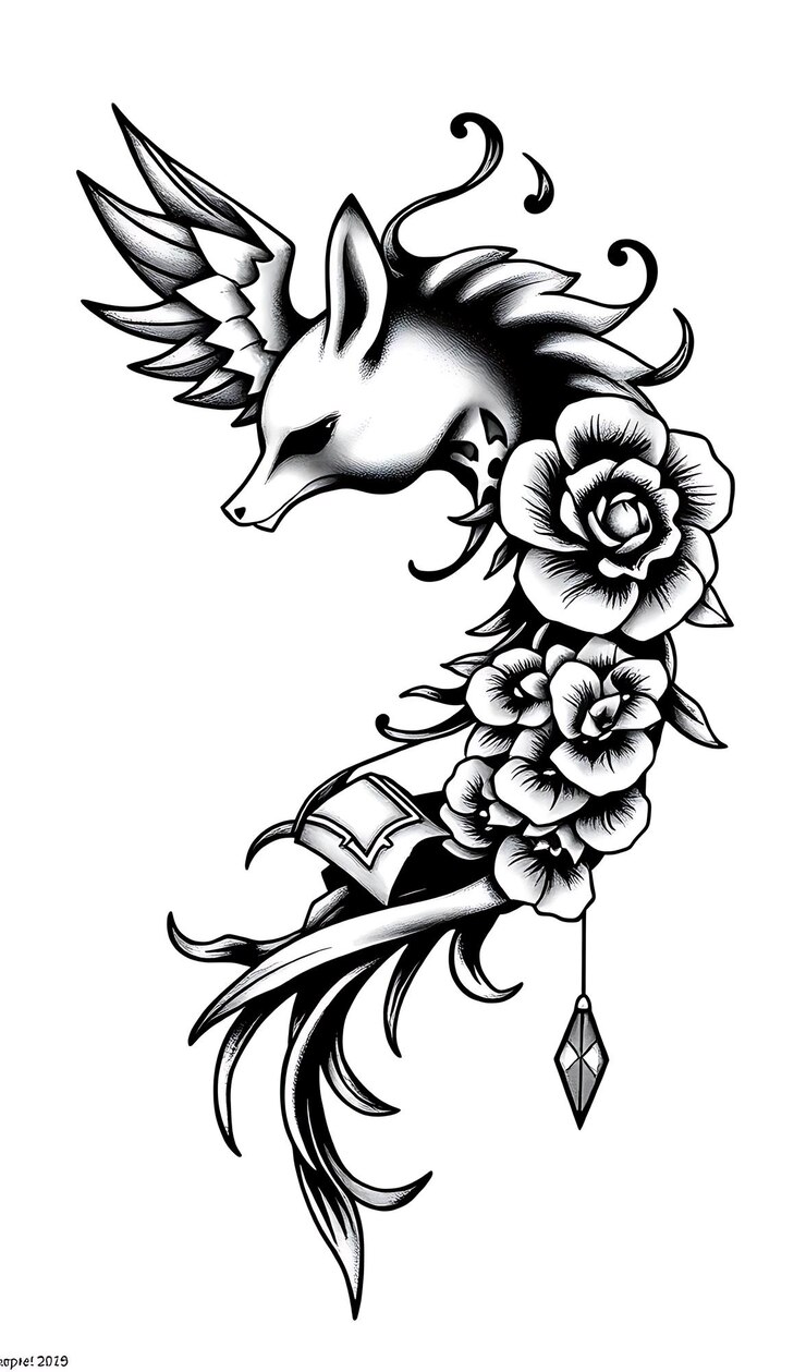 Foto ilustração em preto e branco de uma raposa com asas e rosas