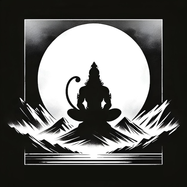 Ilustração em preto e branco de uma silhueta de Hanuman em meditação