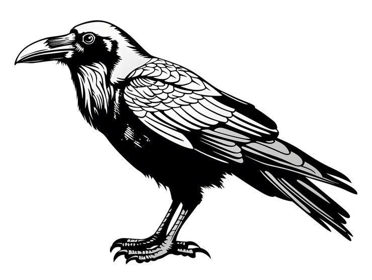 Foto ilustração em preto e branco do corvo-pássaro