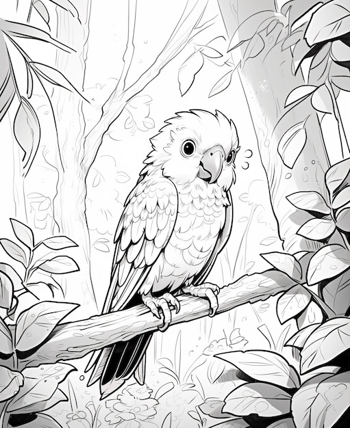 Ilustração em preto e branco para colorir pássaros papagaio foco suave seletivo