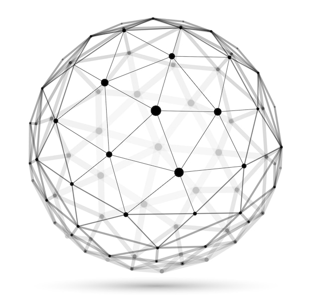 Ilustração em vetor abstrato malha 3D esfera, pontos conectados com o objeto poligonal de tecnologia de linhas isolado no fundo branco, estrutura dinâmica com profundidade realista do efeito de campo.