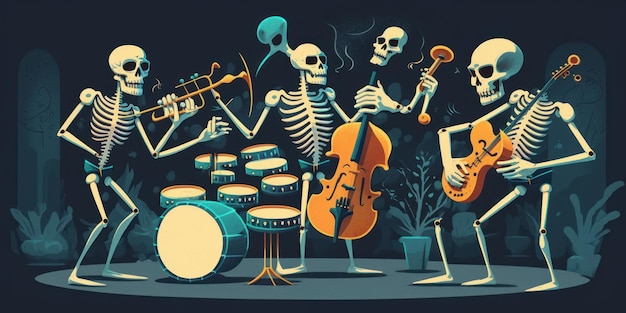 Ilustração em vetor de esqueleto tocando instrumentos musicais em fundo escuro Dia de los muertos festa Generative AI