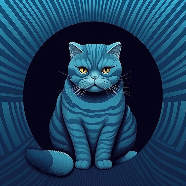 Ilustração em vetor de um gato azul sentado sobre um fundo escuro com listras
