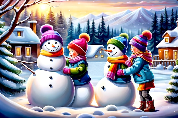 Ilustração encantadora cena de inverno de Natal de crianças construindo um boneco de neve