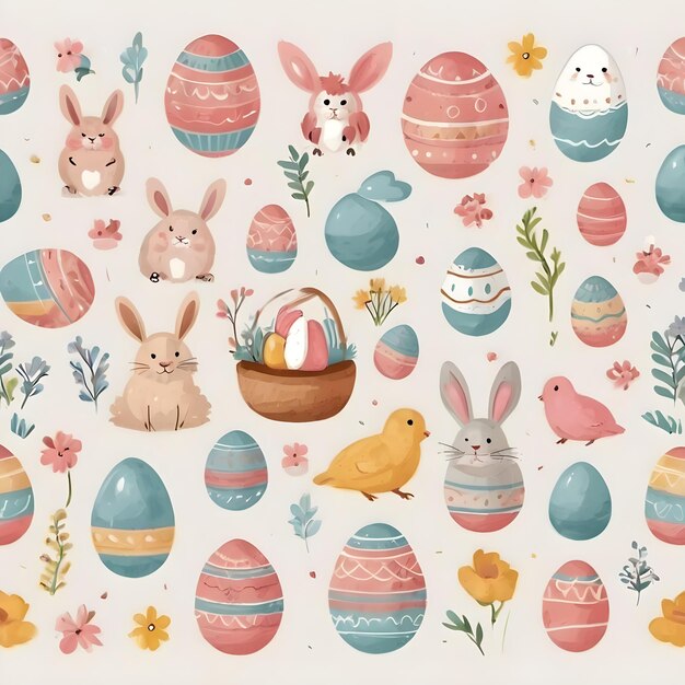 Ilustração encantadora da Páscoa com coelho e ovos coloridos