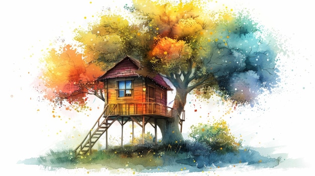 Foto ilustração encantadora de casa de árvore para crianças livro com estética vintage e tons de arco-íris ia generativa