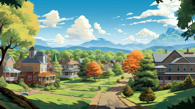 Ilustração encantadora dos desenhos animados de Yellow Springs Ohio com cenário de montanha serena