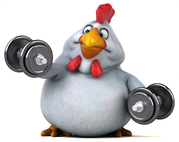 Ilustração engraçada da galinha 3d que levanta peso