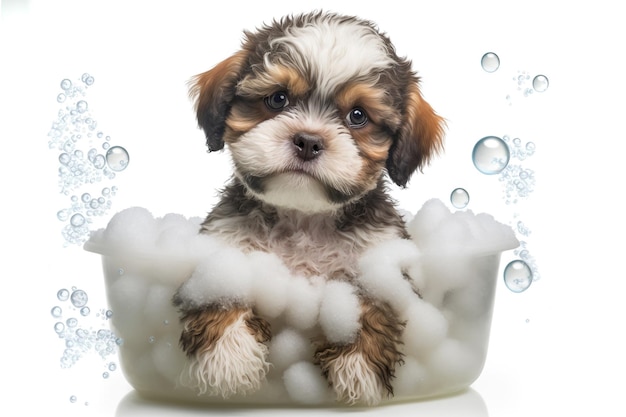 Foto ilustração engraçada de cachorro fofo tomando banho fundo branco ia generativa