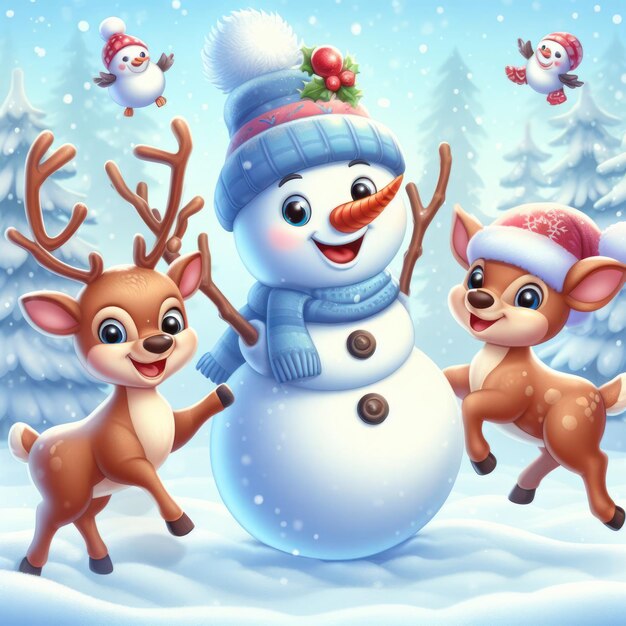 Ilustração engraçada de Natal e Ano Novo com um boneco de neve e uma renas brincalhona em chapéus quentes