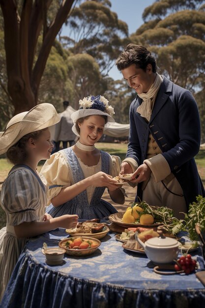 Foto ilustração envolvente de uma celebração do dia da austrália em um local histórico com atores recriando