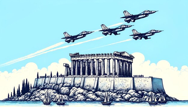 Ilustração esboçada para o Dia da Independência grega com jatos de combate voando em formação sobre o Partenão
