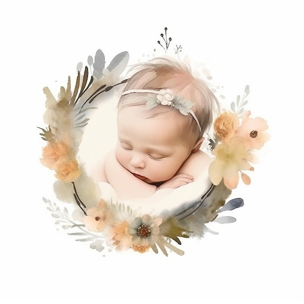 Ilustração estética de aquarela de bebê em coroa de flores