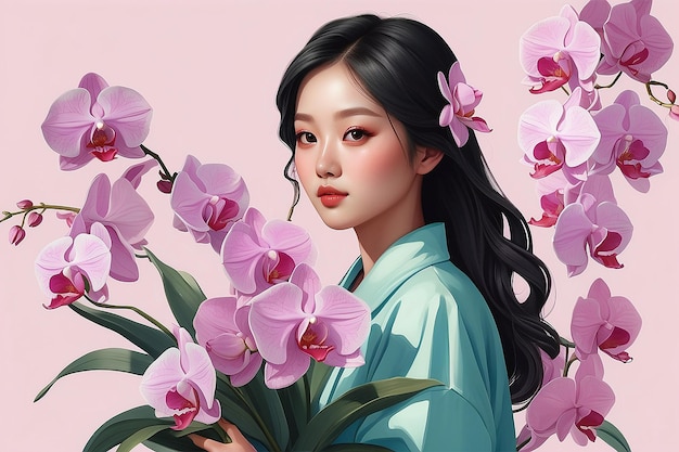 Ilustração estética de uma mulher asiática segurando um buquê de orquídeas IA geradora