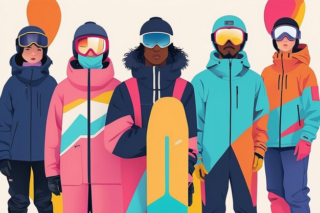 Ilustração Estética Minimal de um Grupo Diverso de Snowboarders IA Gerativa