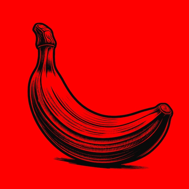 Ilustração estilizada de uma banana com linhas gravadas em um fundo vermelho sólido