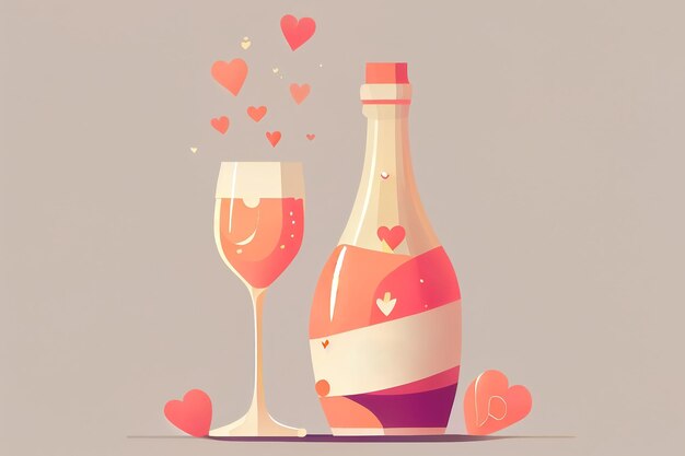 Ilustração estilo cartoon de garrafa de champanhe e vidro com atmosfera romântica AI