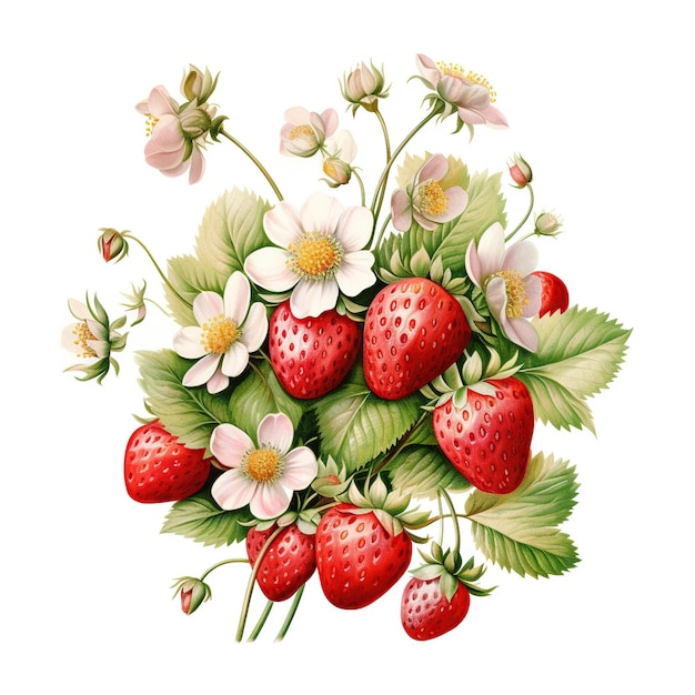 Ilustração exuberante em aquarela de um arbusto de morango com bagas maduras e flores delicadas em plena floração