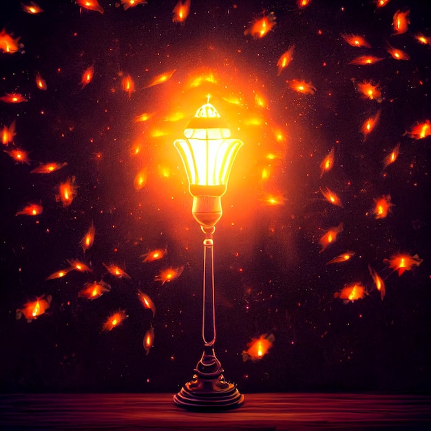 Ilustração fabulosa de uma lâmpada de rua com vaga-lumes ao redor
