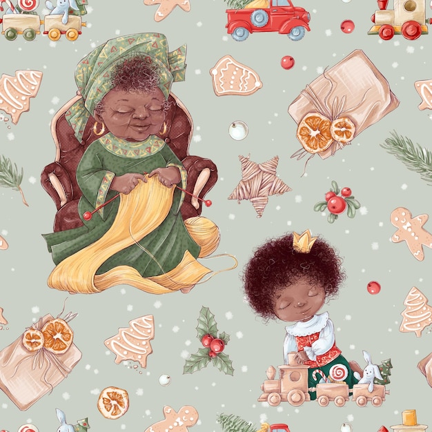 Ilustração família padrão sem costura de Natal nos netos da vovó