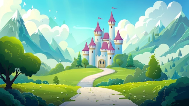 Ilustração fantasiosa de um castelo de conto de fadas medieval Rota para o castelo da nobreza mágica com portão e torre no vale verde Fonte
