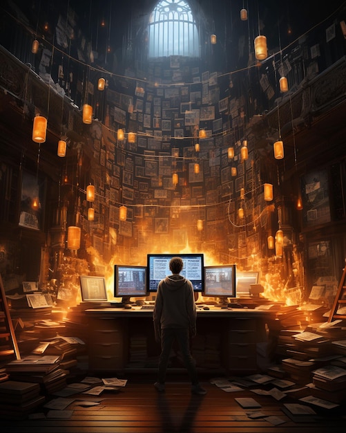 Ilustração fantástica do local de trabalho do computador