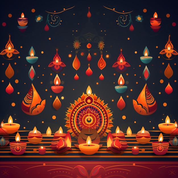 Ilustração feliz de Diwali de Diya ardente em feliz Diwali Festival de celebração de Diwali de luzes com fundo