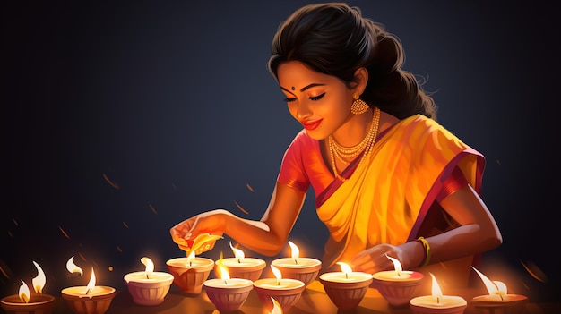 Ilustração feliz de Diwali de Diya ardente em feliz Diwali Festival de celebração de Diwali de luzes com fundo