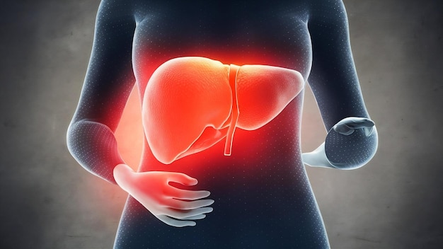 Ilustração fígado doente no corpo de uma mulher contra fundo cinza conceito de hepatite com cuidados de saúde