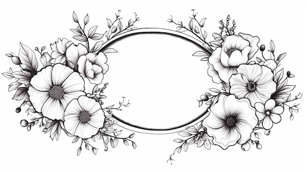 Foto ilustração floral decorativa de contorno redondo de moldura preta e branca
