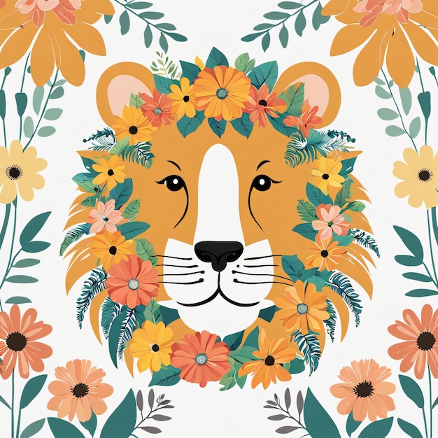 Ilustração floral do berçário do leão bebé