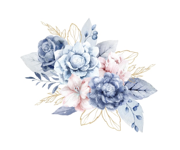 Ilustração floral em aquarela Flores e ramos cor-de-rosa azuis empoeirados