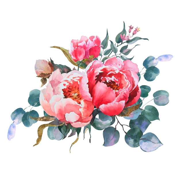 Ilustração floral em aquarela isolada em fundo branco peônias rosa folhas verdes eucalipto br