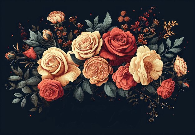 Foto ilustração floral vintage com rosas em fundo escuro xa