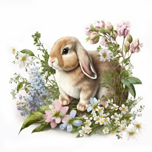 Ilustração fofa com desenho realista de coelhinho da Páscoa de um coelho em cores pastel lebre com símbolo de flores da primavera da Páscoa Criado com tecnologia Generative AI