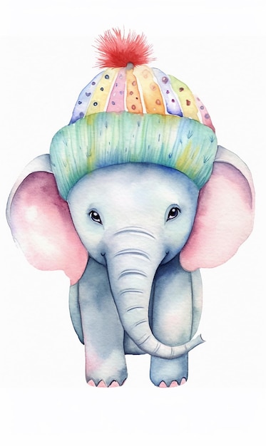 Ilustração fofa de elefante bebê em aquarela usando um gorro colorido arte de parede de berçário generativa a