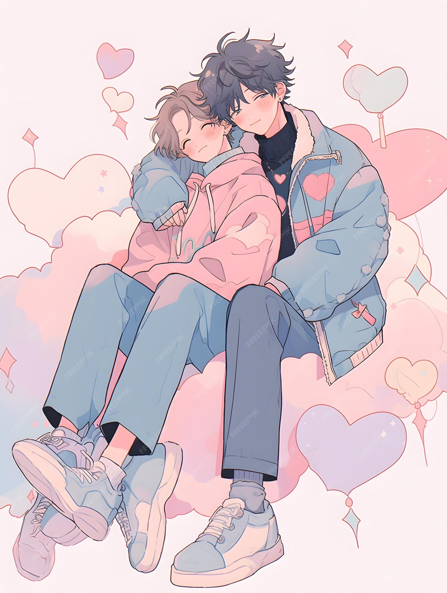 Ilustração fofa de estilo mangá de anime lofi casal apaixonado