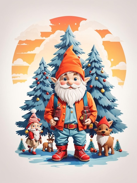 Ilustração fofa de gnomos de Natal com pinheiros e enfeites