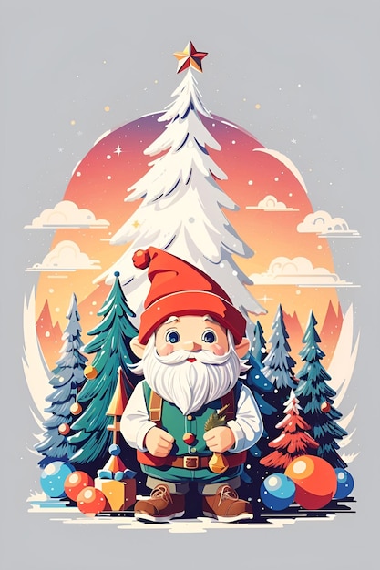 Ilustração fofa de gnomos de Natal com pinheiros e enfeites