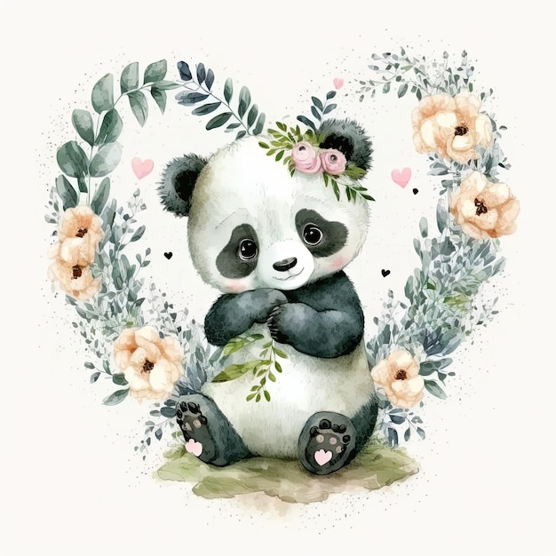 Ilustração fofa de panda em aquarela AI generativa