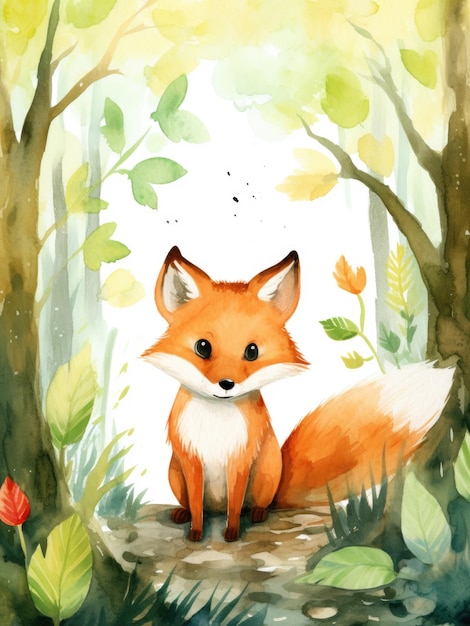 Ilustração fofa de raposa em aquarela para crianças