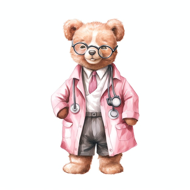 Ilustração fofa de ursinho médico em aquarela clipart de ursinhos de pelúcia
