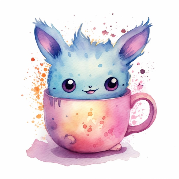 Ilustração fofa em aquarela de uma caneca no estilo kawaii