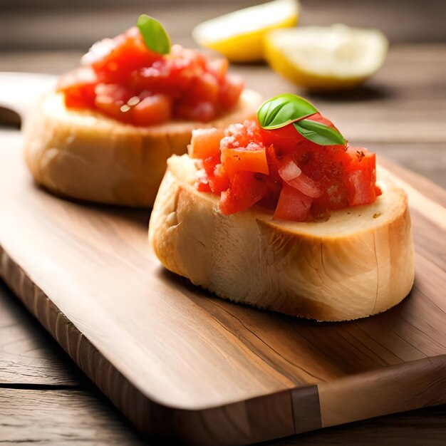 Ilustração fotográfica Ai de uma deliciosa bruschetta em uma placa de madeira em uma cozinha rústica com natural