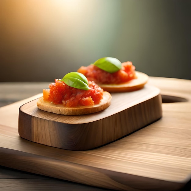 Ilustração fotográfica Ai de uma deliciosa bruschetta em uma placa de madeira em uma cozinha rústica com natural
