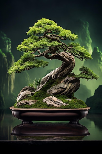 Ilustração fotográfica de uma árvore bonsai em uma panela