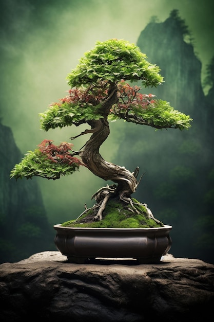 Ilustração fotográfica de uma árvore bonsai em uma panela