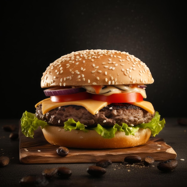 Ilustração fotorrealista de hambúrguer suculento em fundo abstrato
